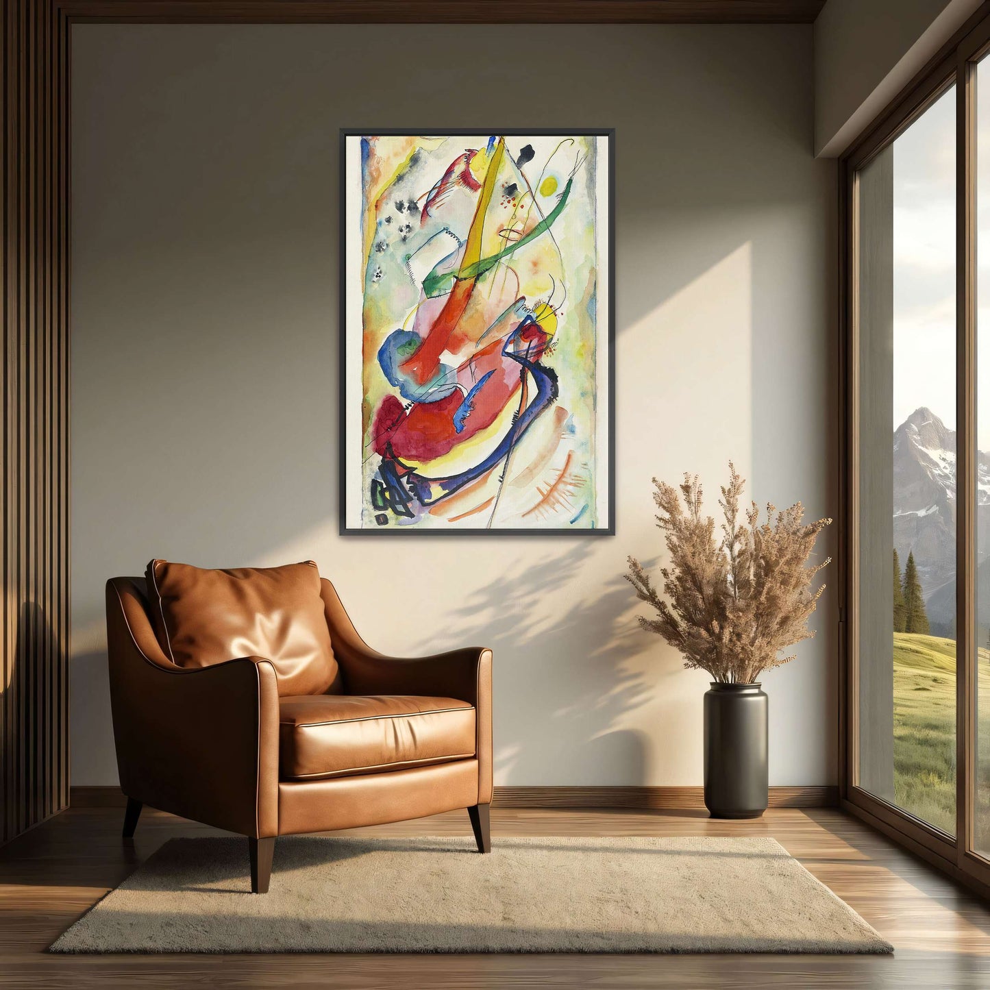 Abstract watercolor painting with colorful shapes by Wassily Kandinsky