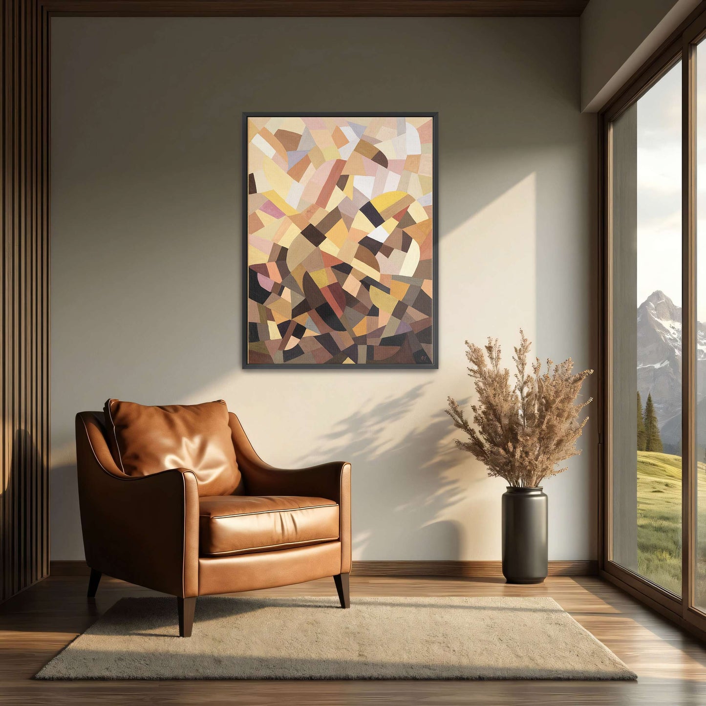 Abstract geometric painting with brown, yellow, and pink shapes by Otto Freundlich