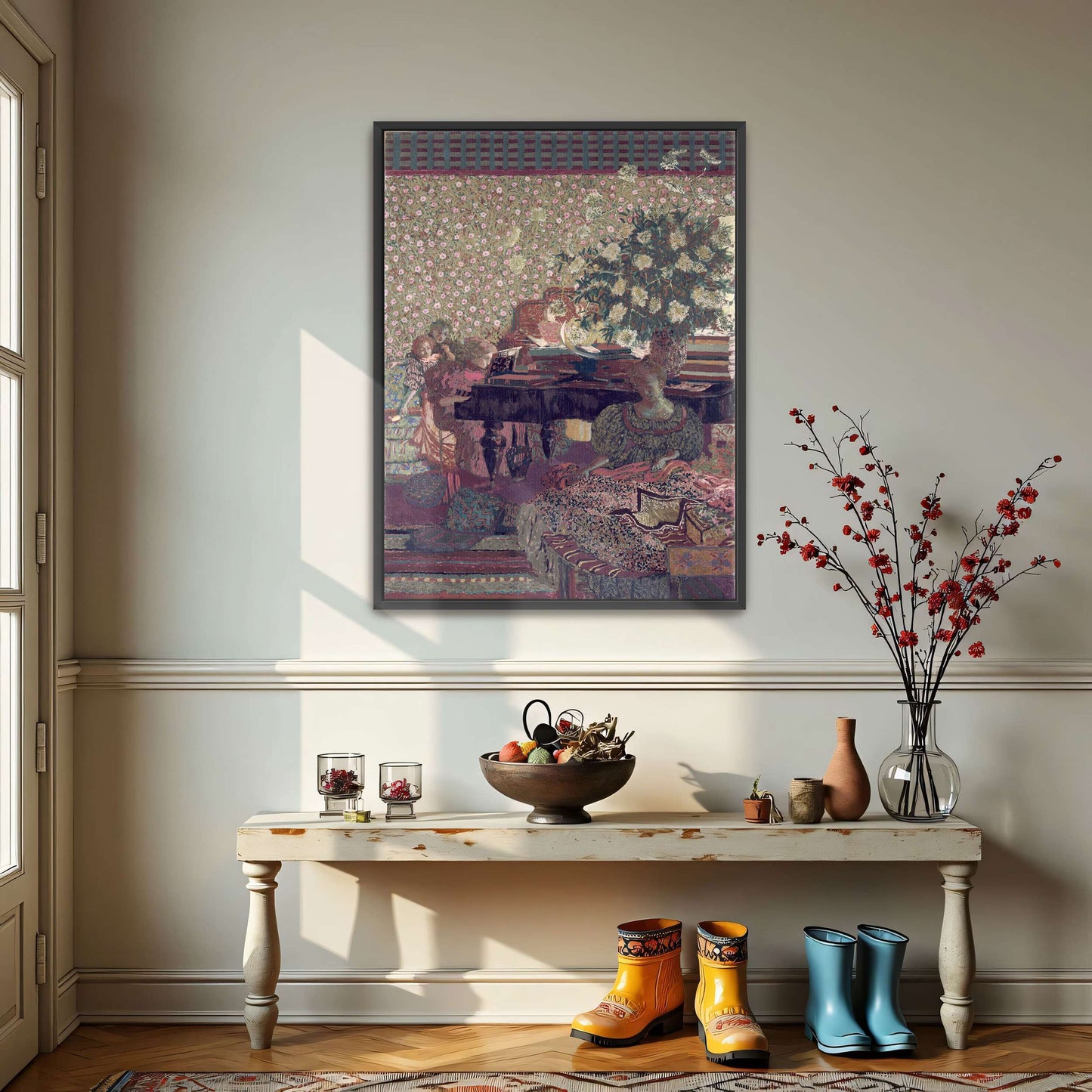 Interior scene with women, piano, and flowers by Édouard Vuillard