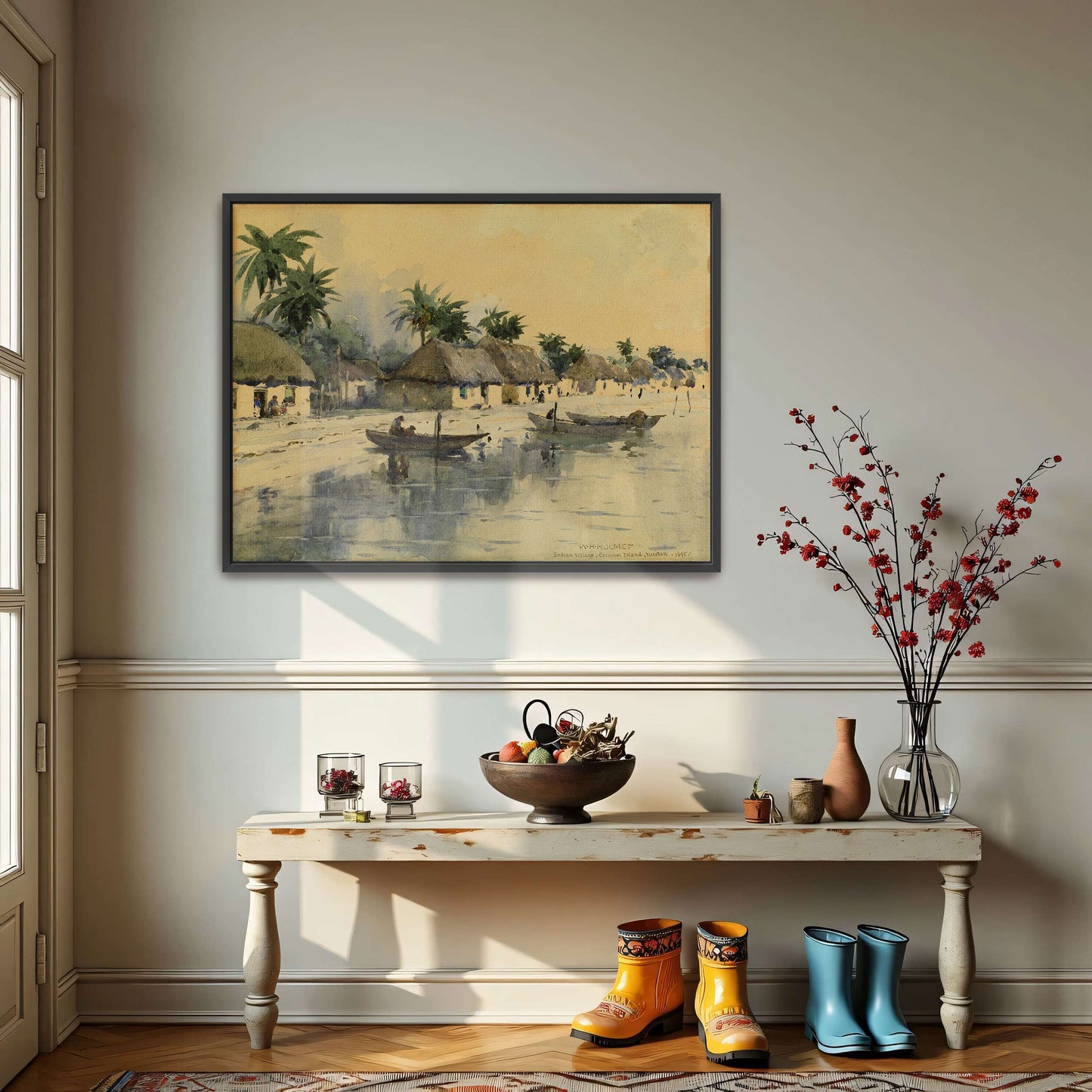 A watercolor painting of a village on the coast by William Henry Holmes