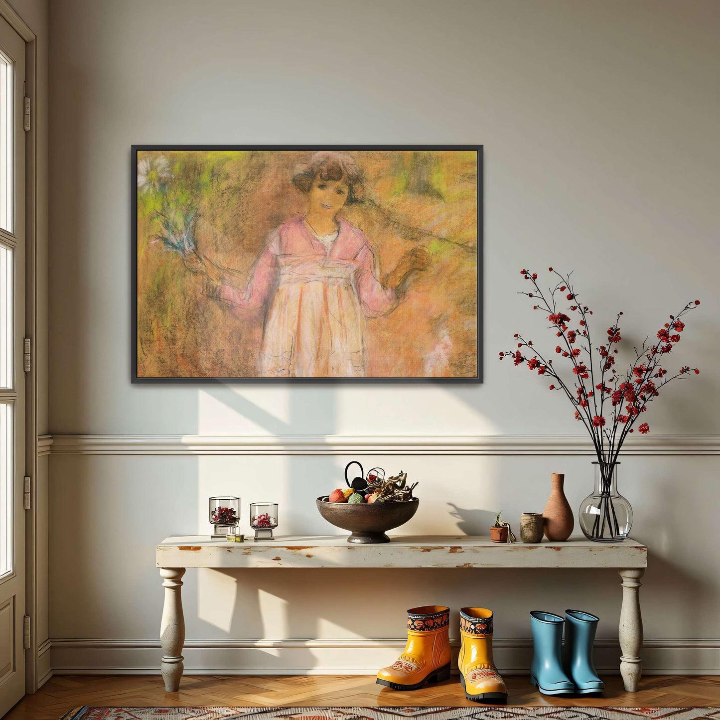 Young girl in pink dress holding flowers by Édouard Vuillard