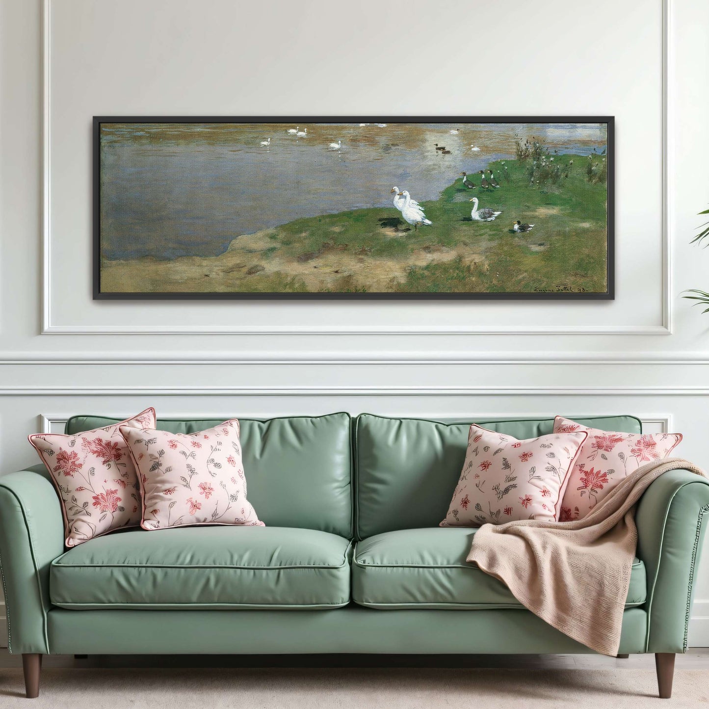 Village with geese on a lake by Eugen Jettel