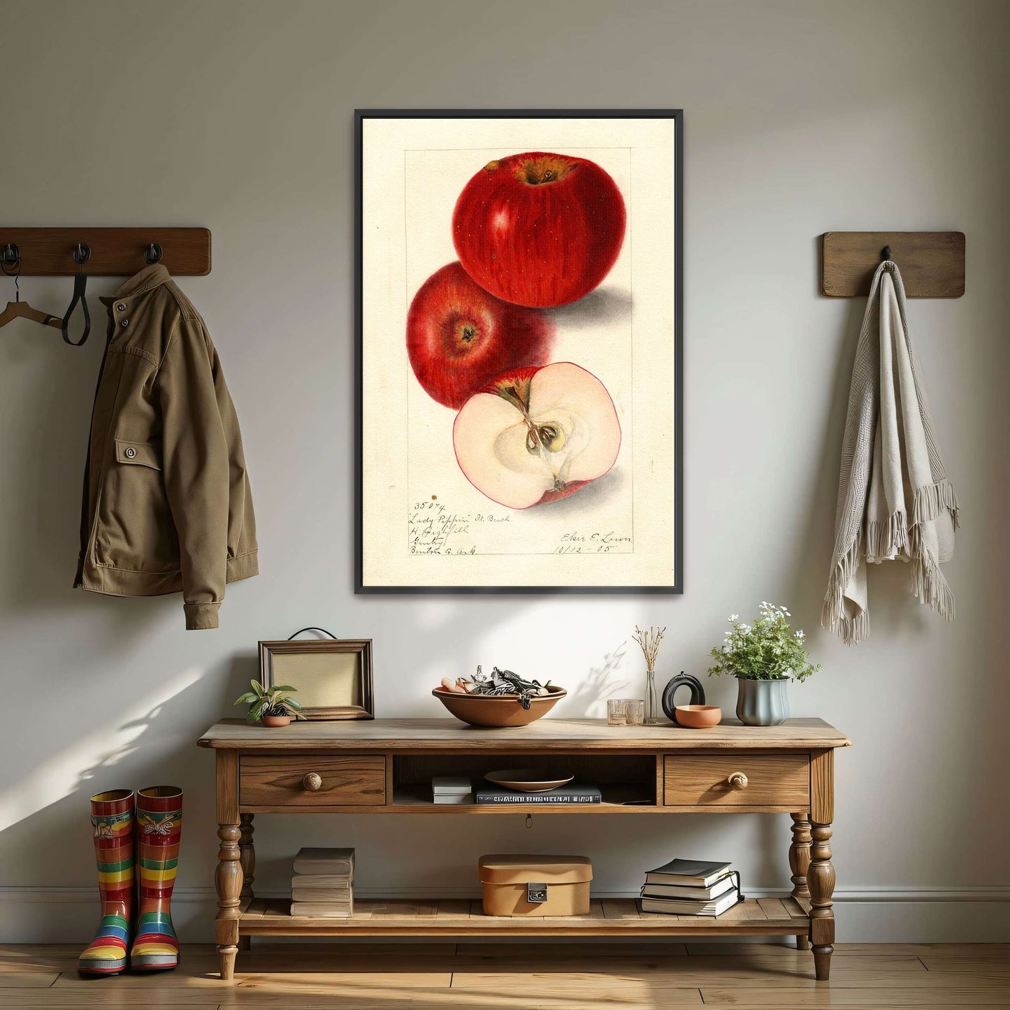 Three red apples, watercolor painting by Elsie E. Lower