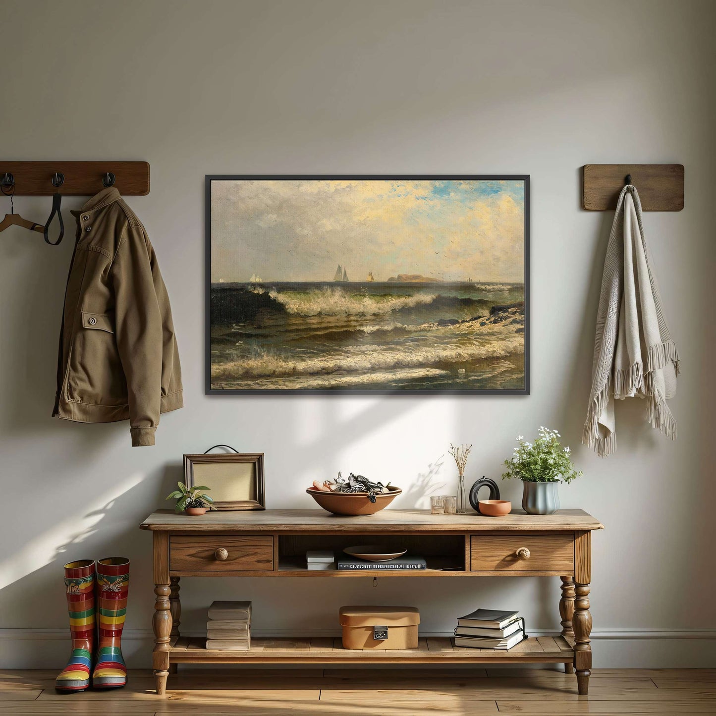 Sailboats on a choppy sea with a rocky shore by Alfred Thompson Bricher