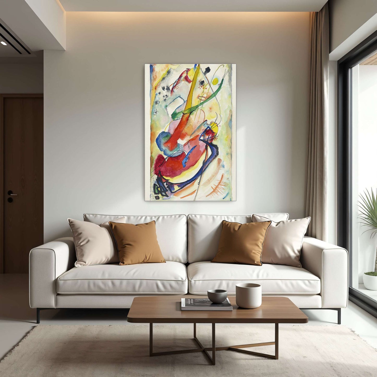 Abstract watercolor painting with colorful shapes by Wassily Kandinsky