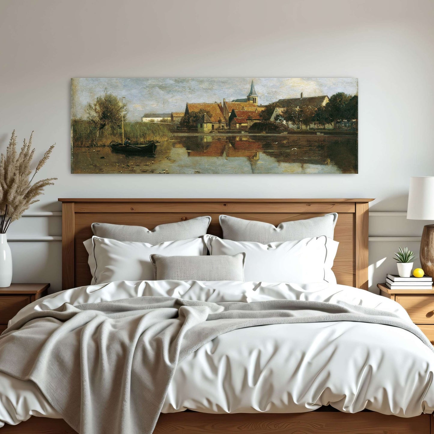A village by a lake with a boat by Eugen Jettel