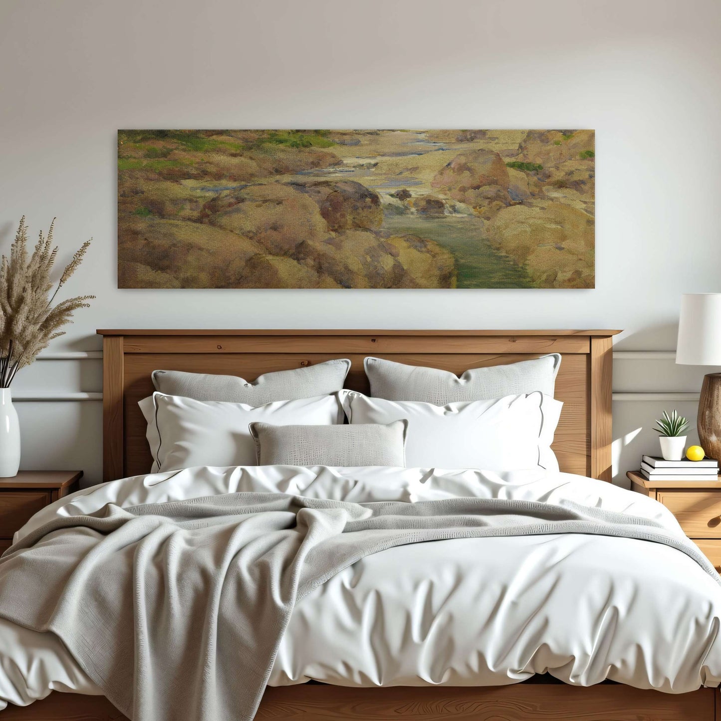 Rocky riverbed with trees and clouds by William Henry Holmes