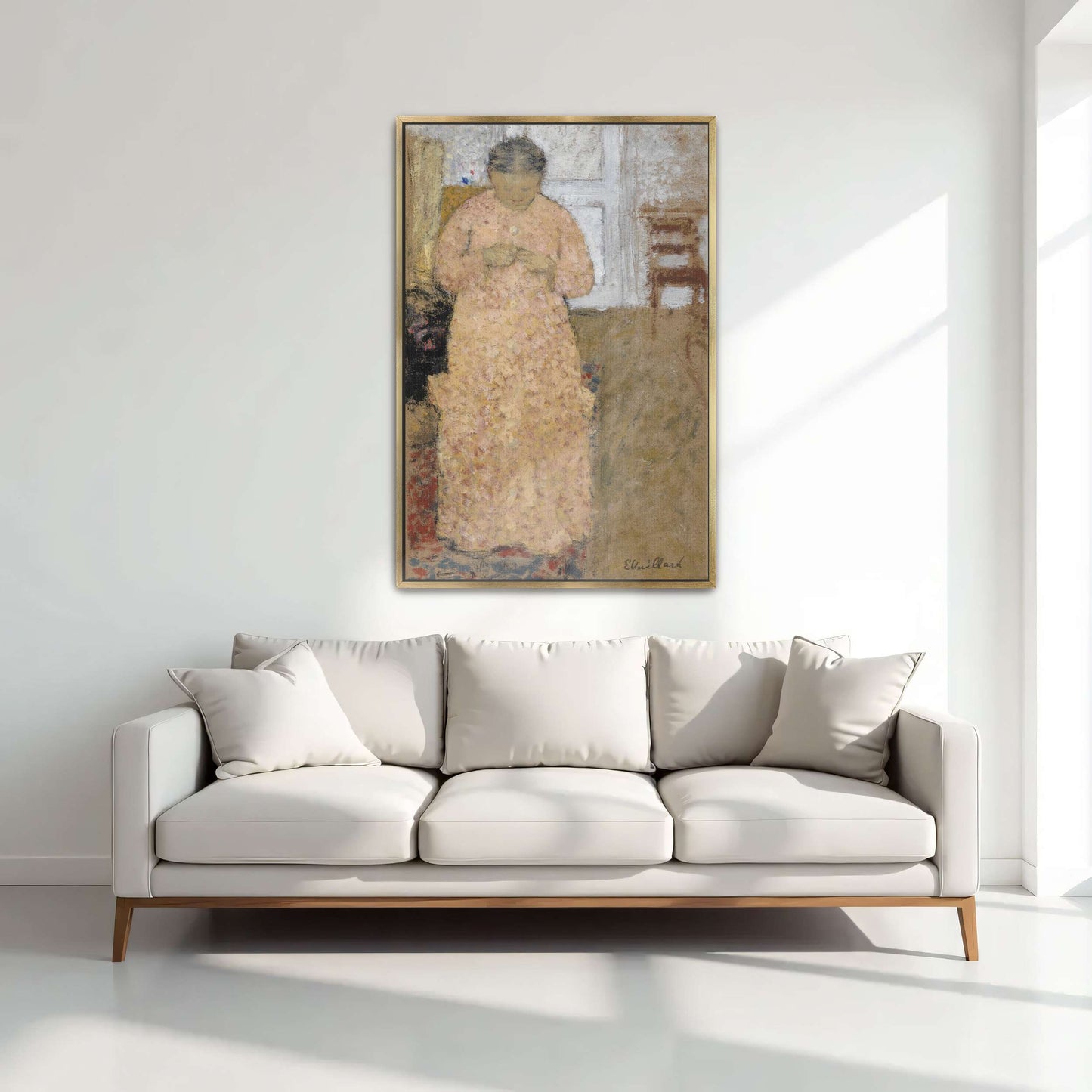 Woman in pink dress knitting by window by Édouard Vuillard