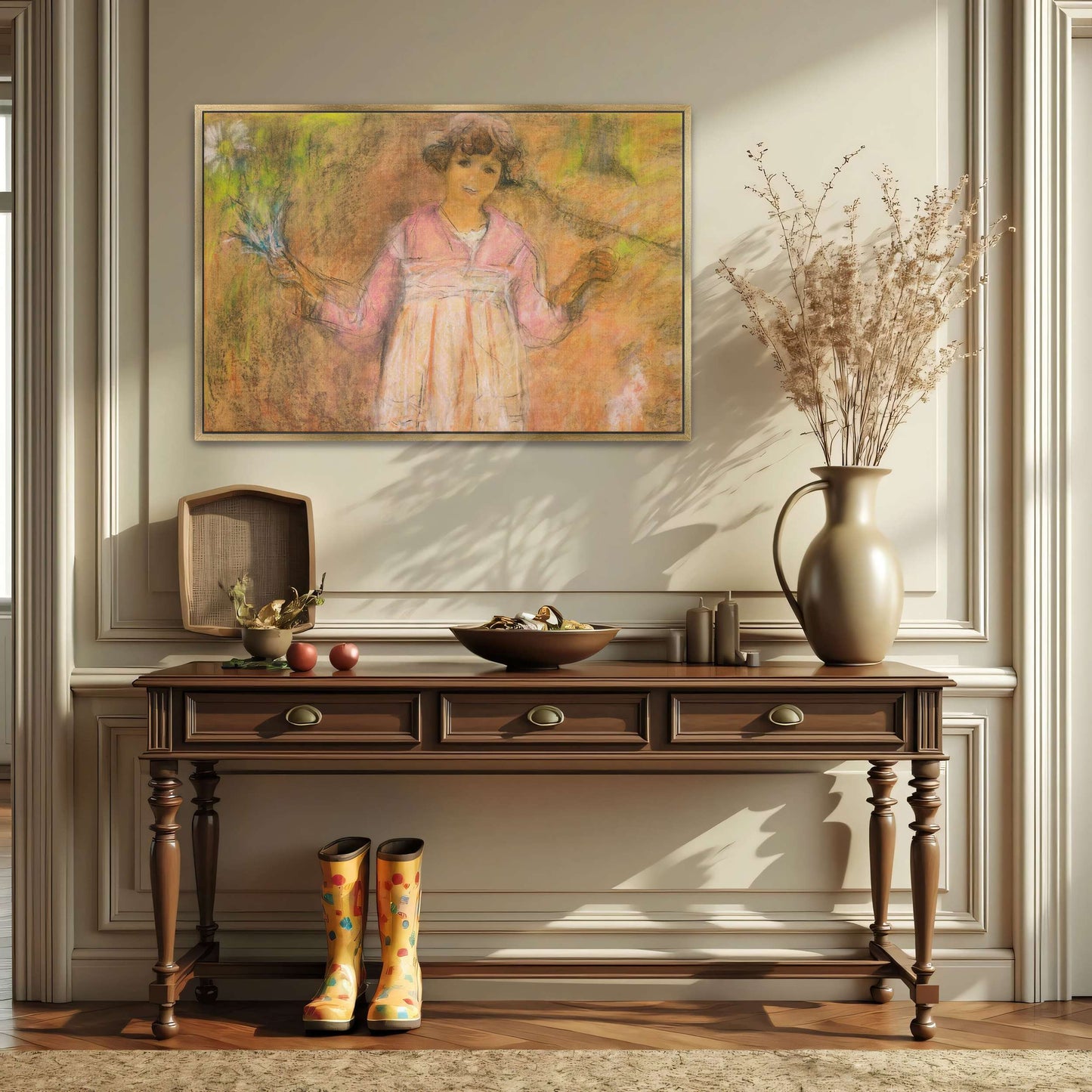 Young girl in pink dress holding flowers by Édouard Vuillard