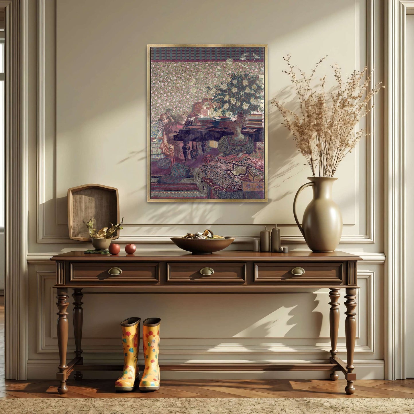 Interior scene with women, piano, and flowers by Édouard Vuillard
