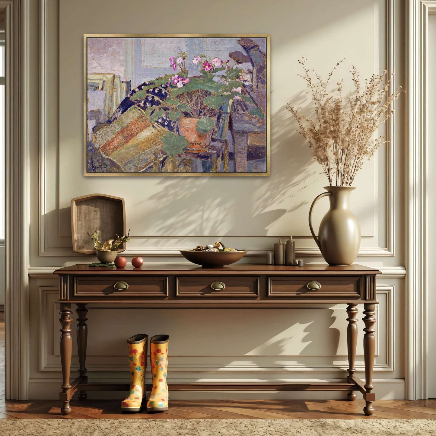 A potted plant with pink flowers in a room by Édouard Vuillard
