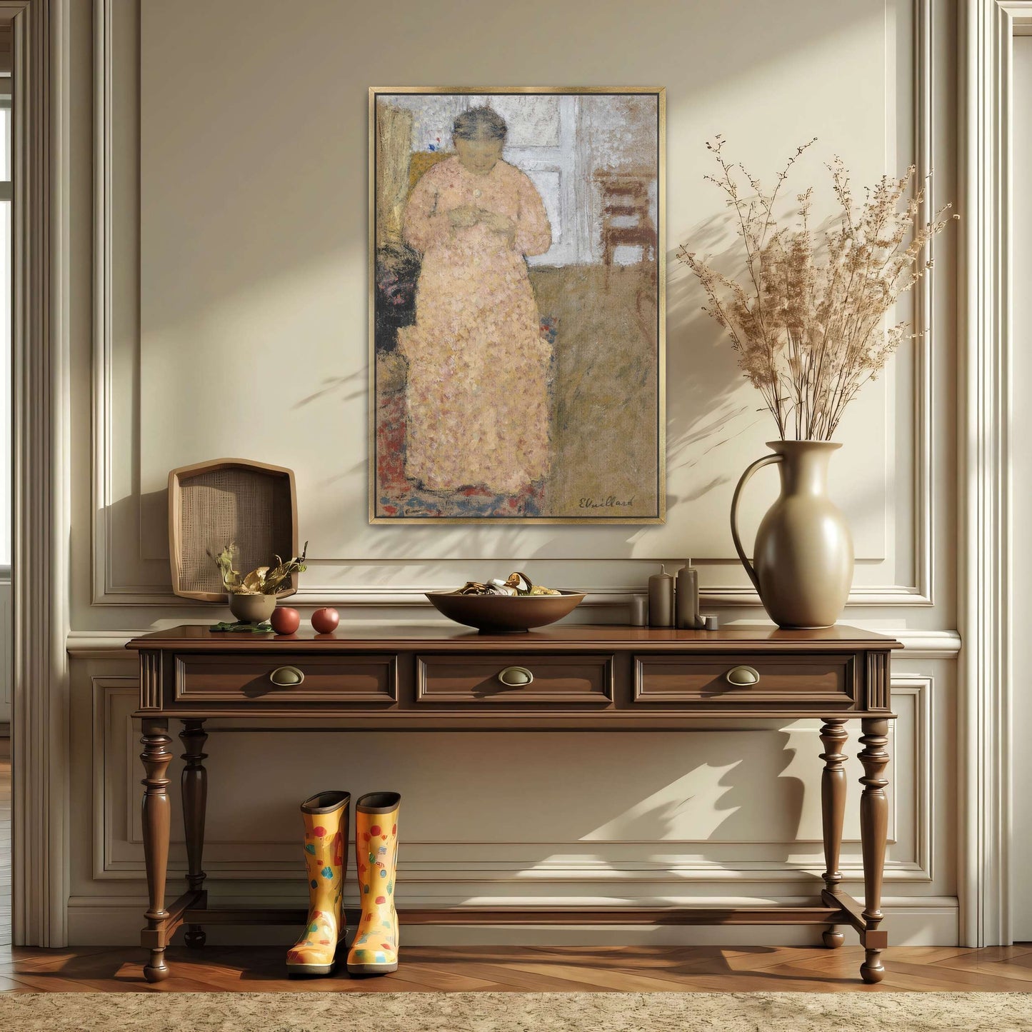 Woman in pink dress knitting by window by Édouard Vuillard