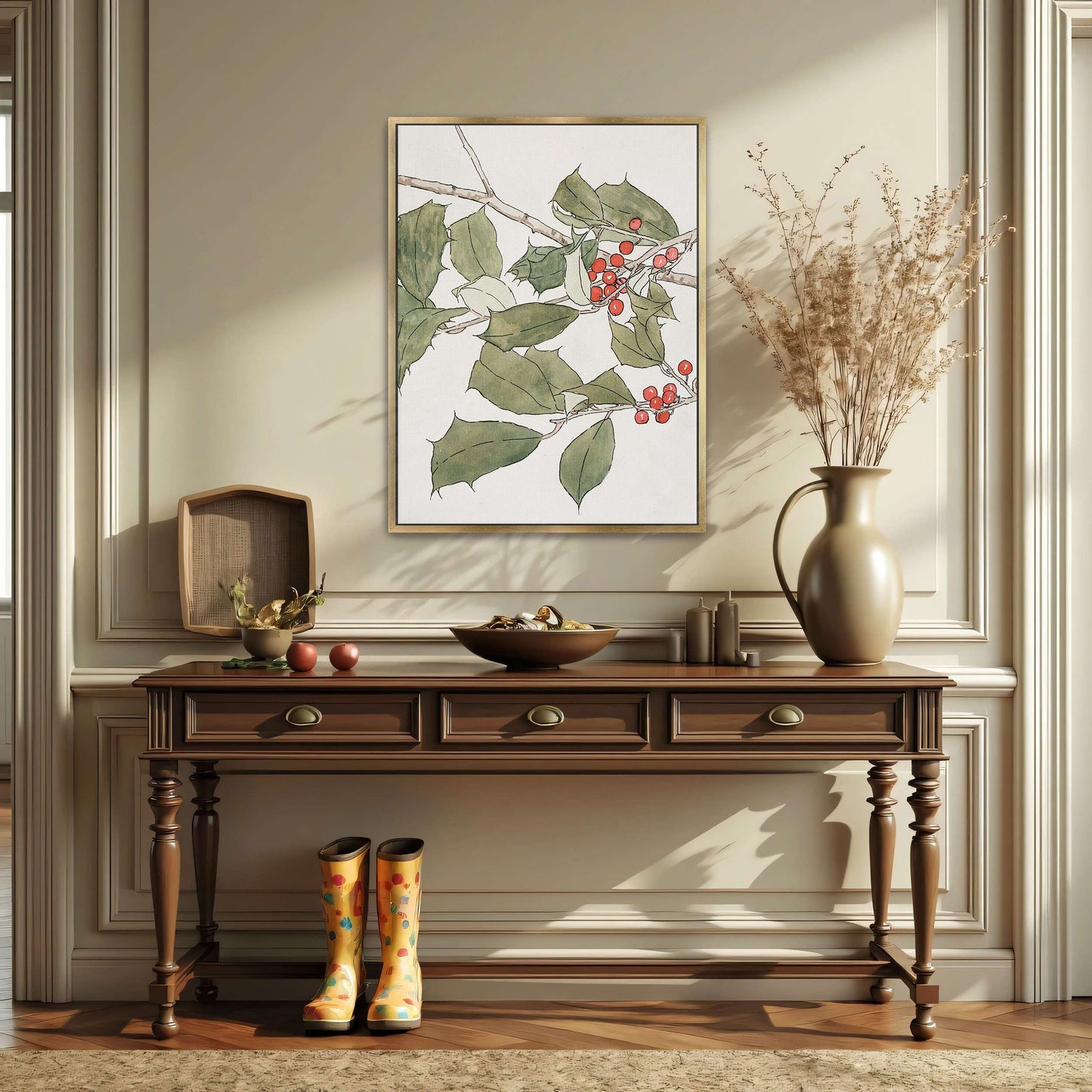 Holly branch with red berries by Hannah Borger Overbeck