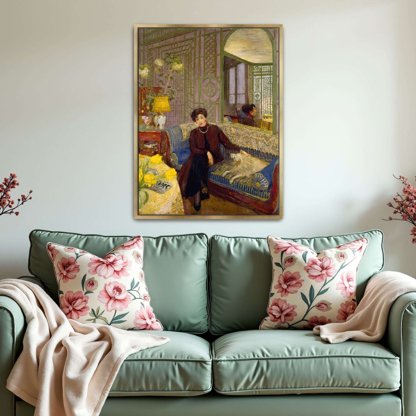 Woman with dog on a blue couch by Édouard Vuillard
