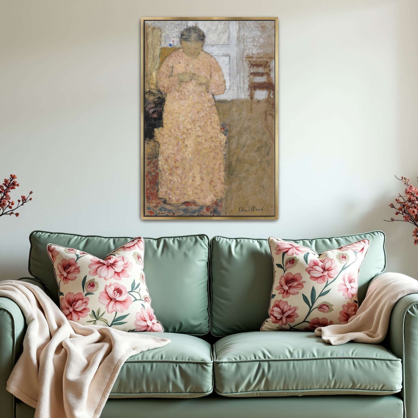 Woman in pink dress knitting by window by Édouard Vuillard