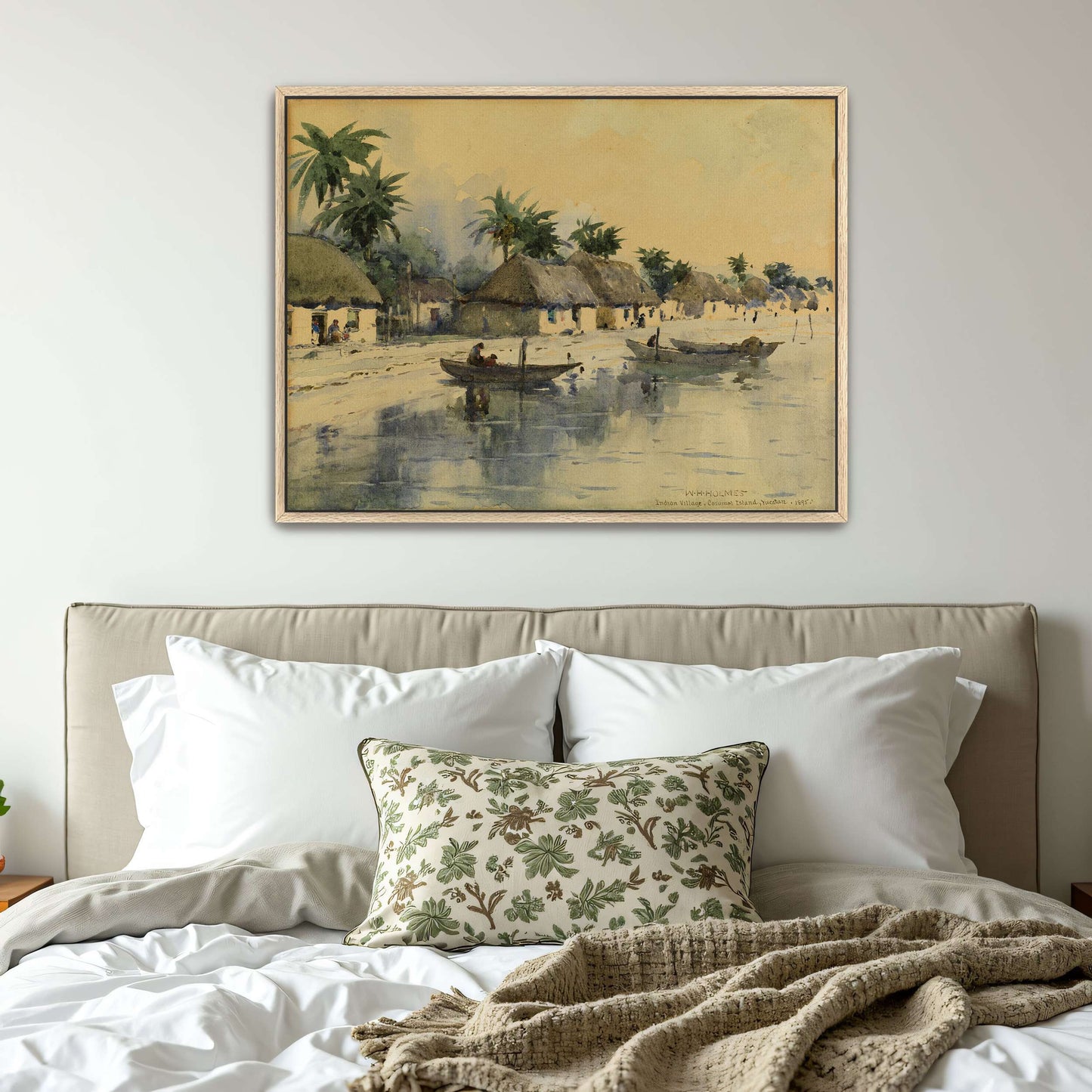 A watercolor painting of a village on the coast by William Henry Holmes