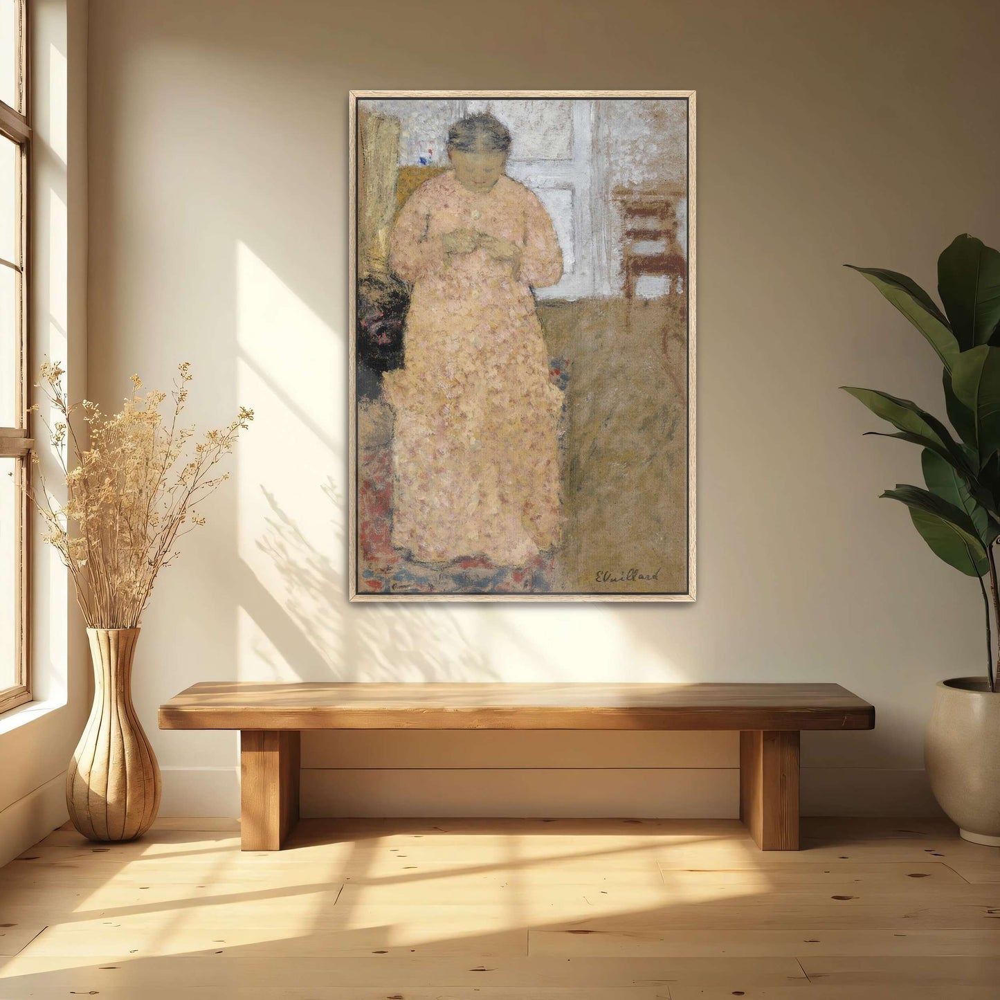 Woman in pink dress knitting by window by Édouard Vuillard