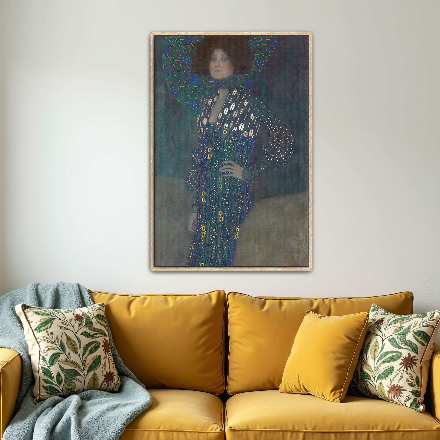 Portrait of a woman in a patterned dress by Gustav Klimt