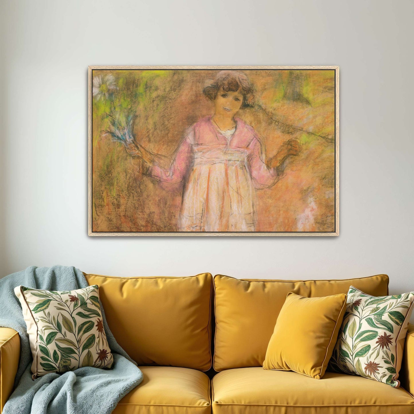 Young girl in pink dress holding flowers by Édouard Vuillard