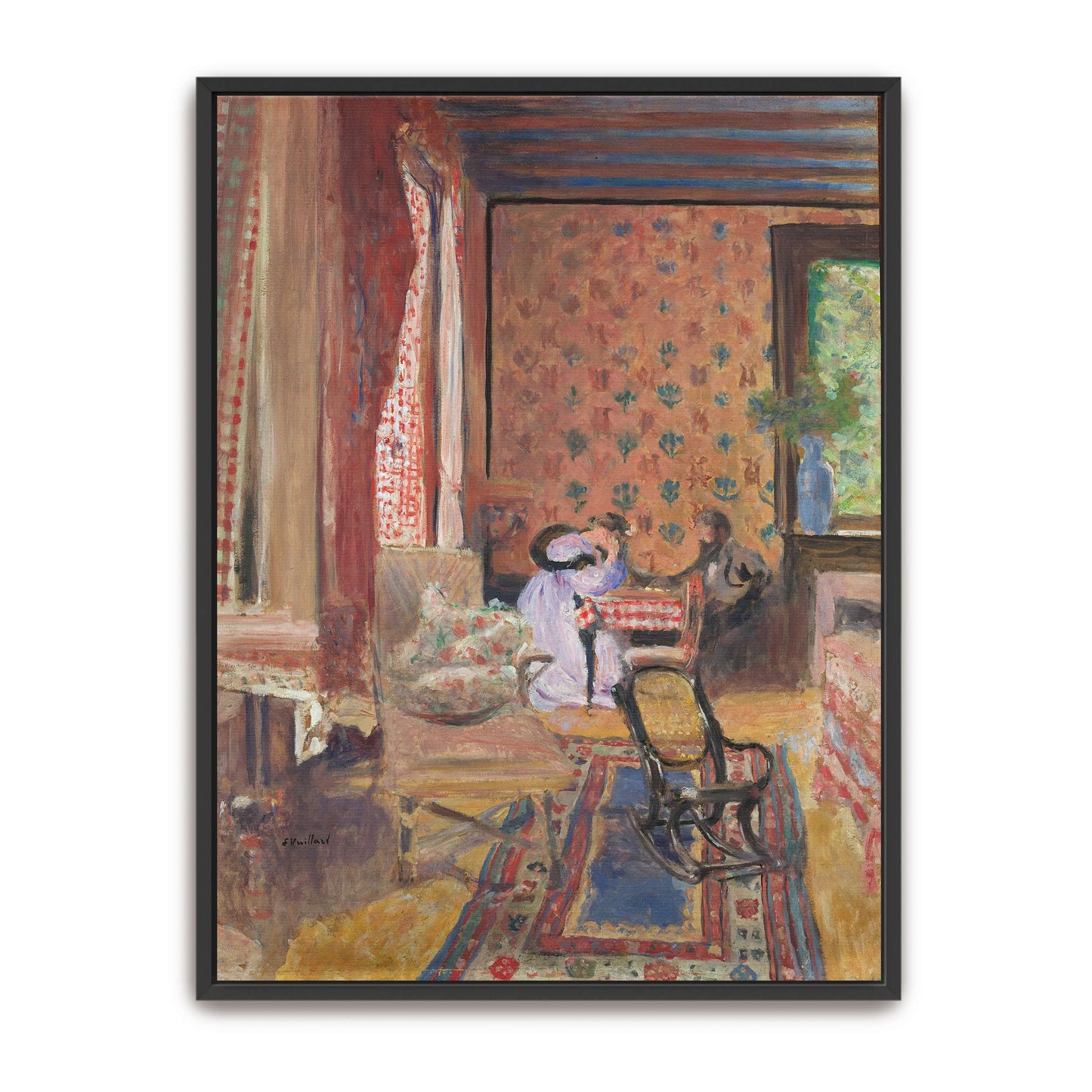 Two women in a room with a red checkered curtain by Édouard Vuillard