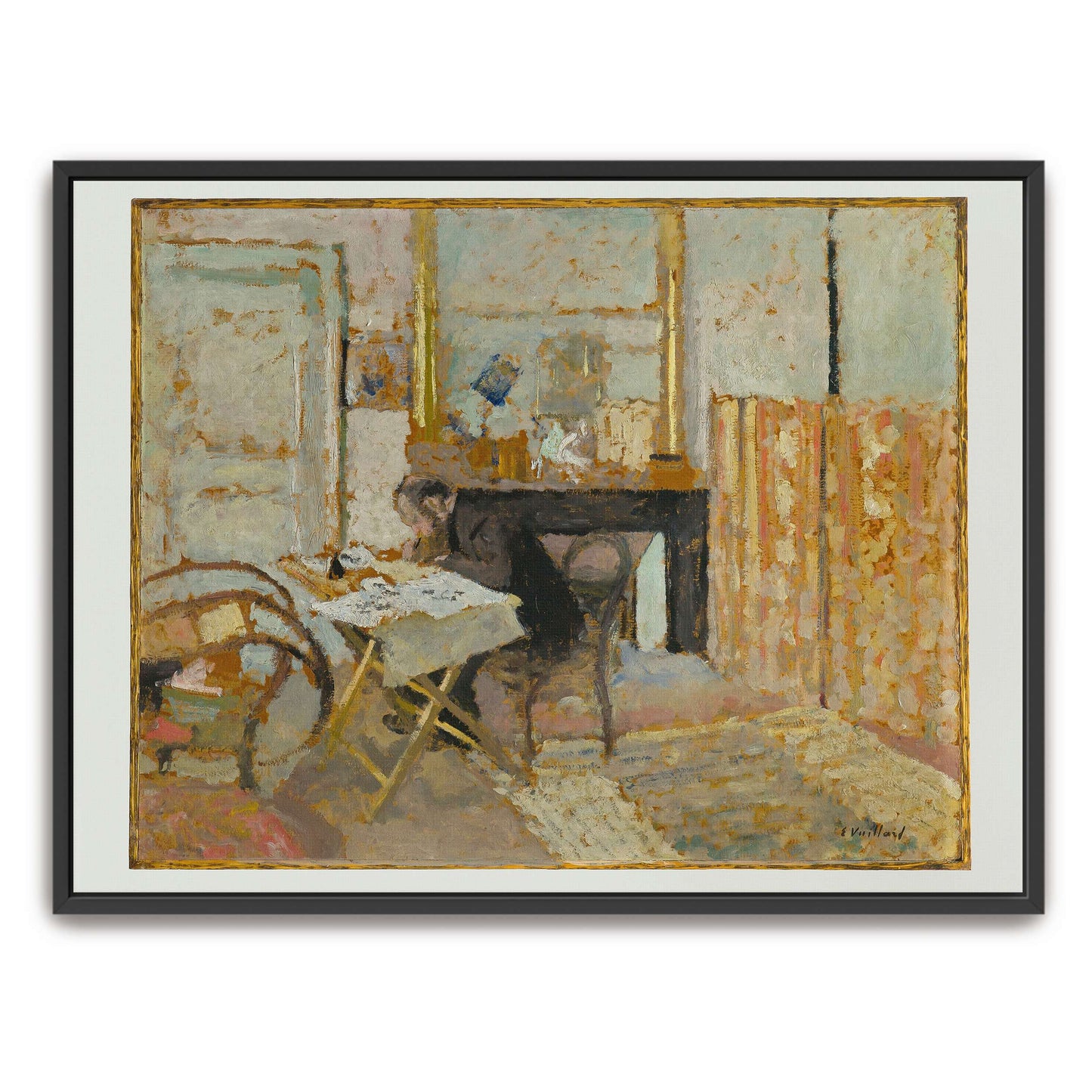 A woman sits at a table in a room by Édouard Vuillard