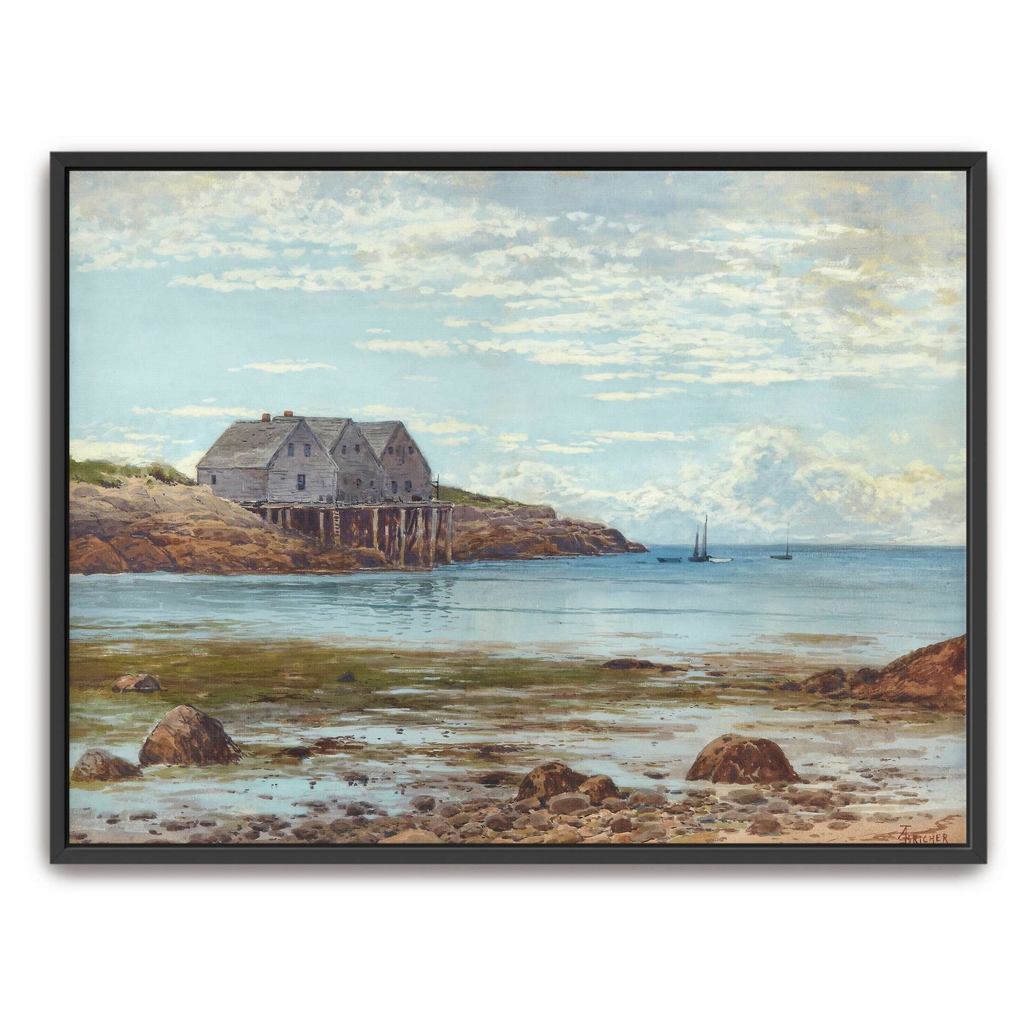 Coastal scene with houses on stilts by Alfred Thompson Bricher