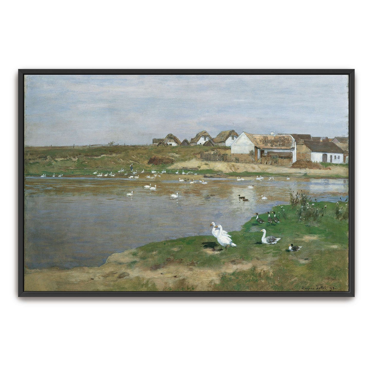 Village with geese on a lake by Eugen Jettel