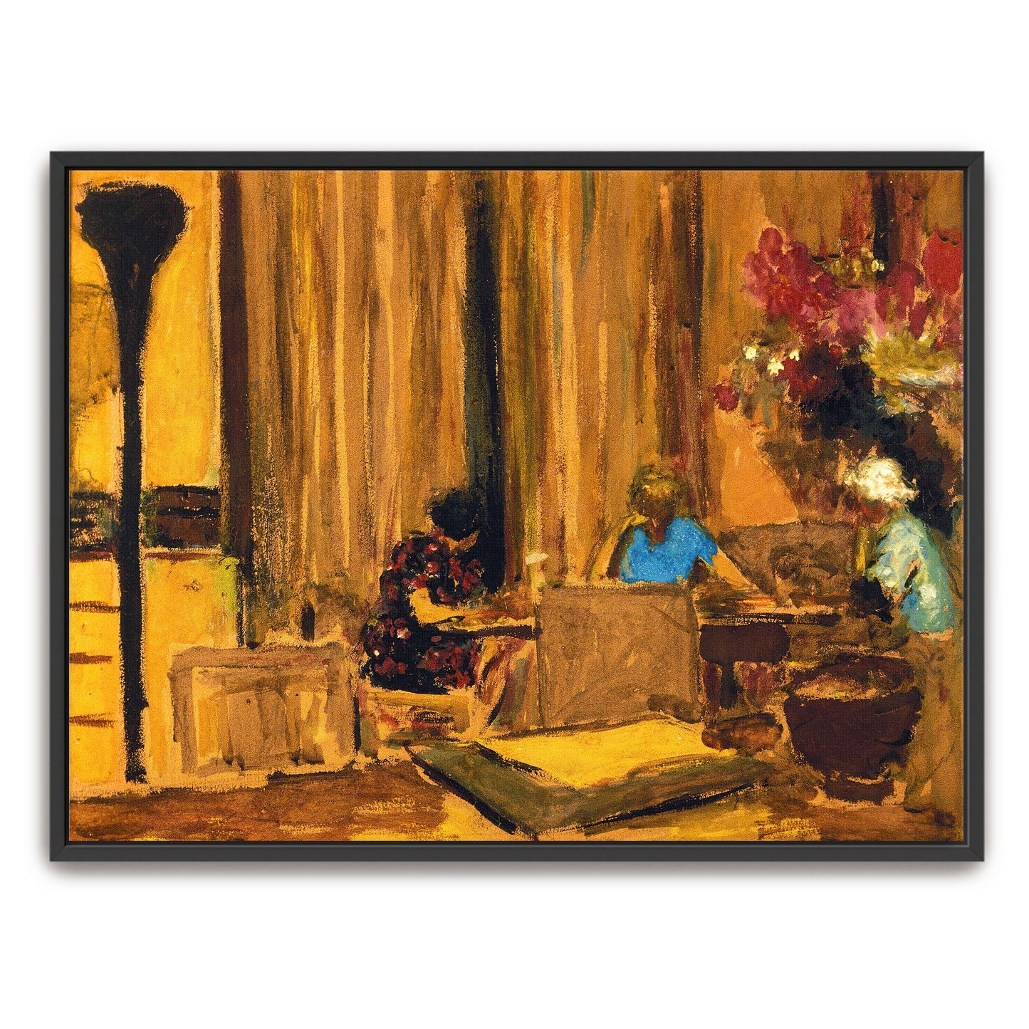 Interior scene with figures, furniture, and flowers by Édouard Vuillard