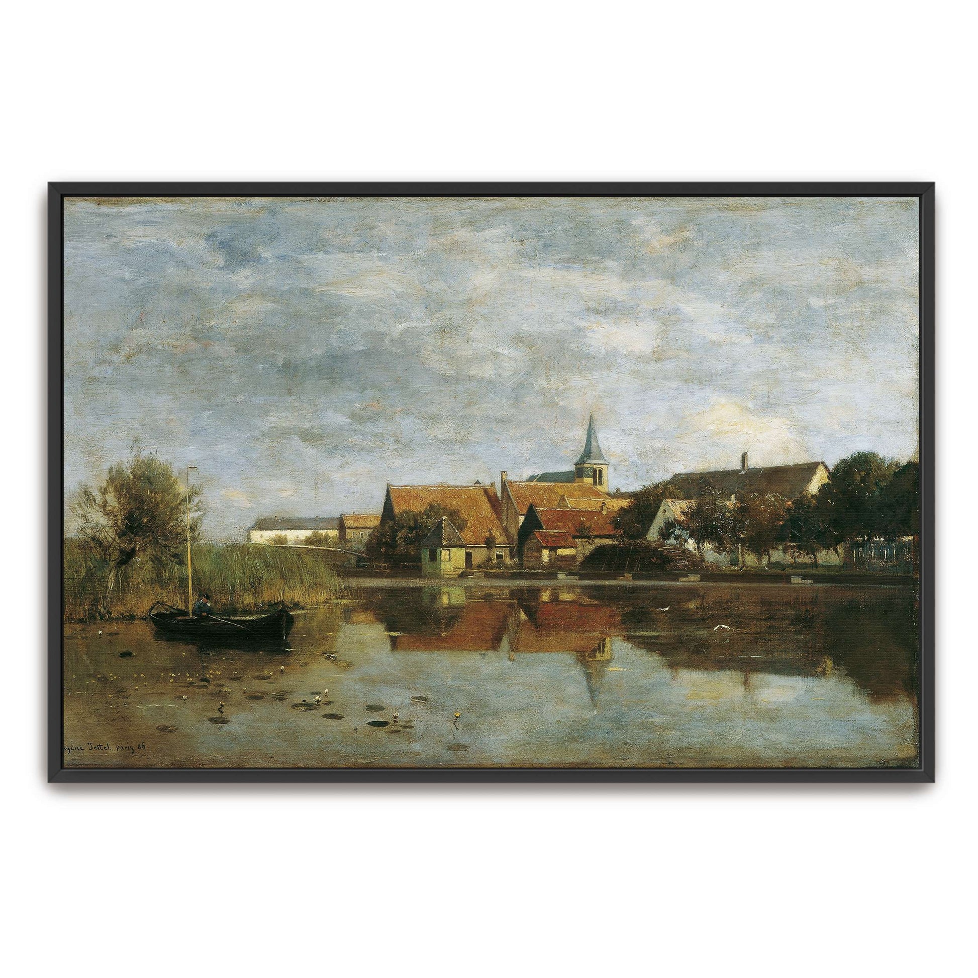 A village by a lake with a boat by Eugen Jettel