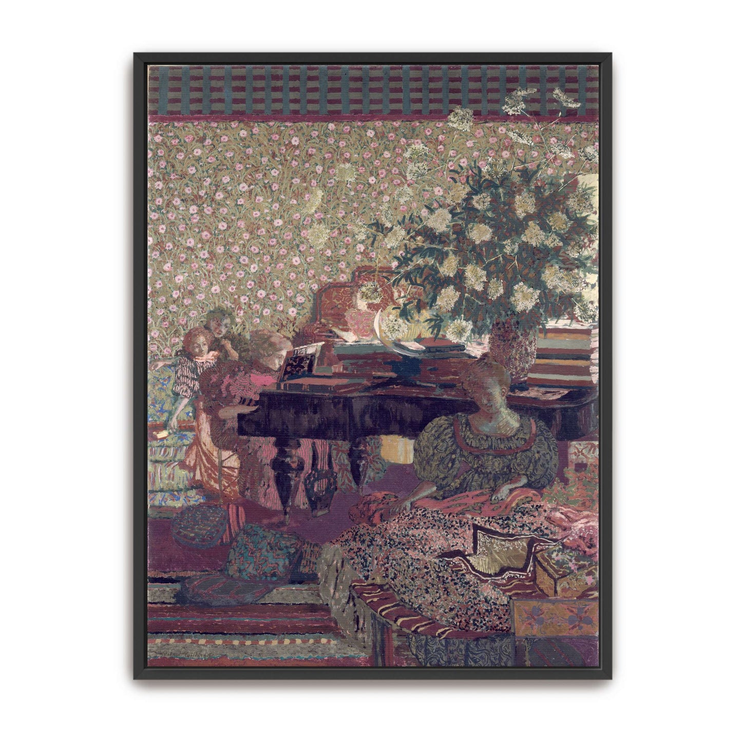 Interior scene with women, piano, and flowers by Édouard Vuillard
