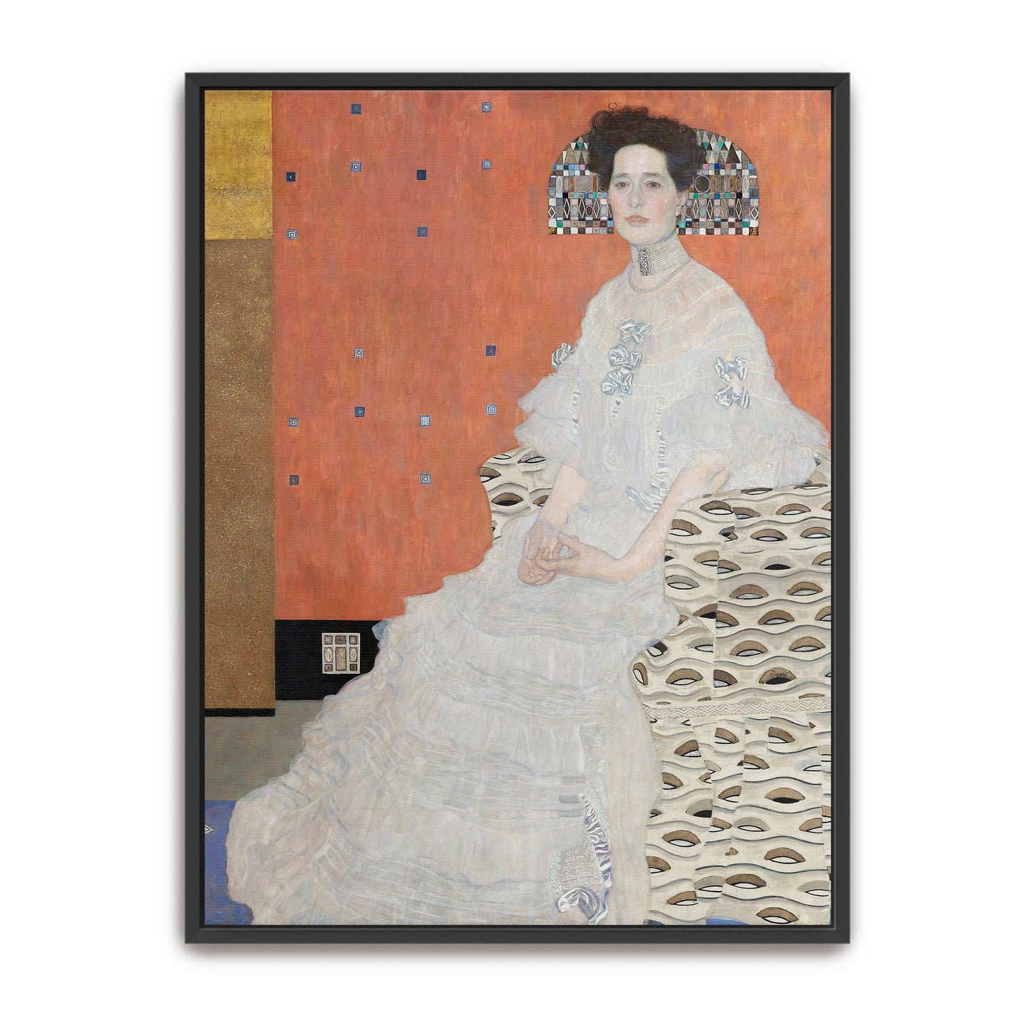 Woman in white dress seated on patterned chair by Gustav Klimt