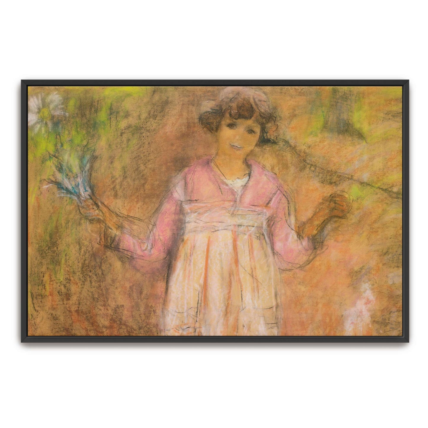 Young girl in pink dress holding flowers by Édouard Vuillard