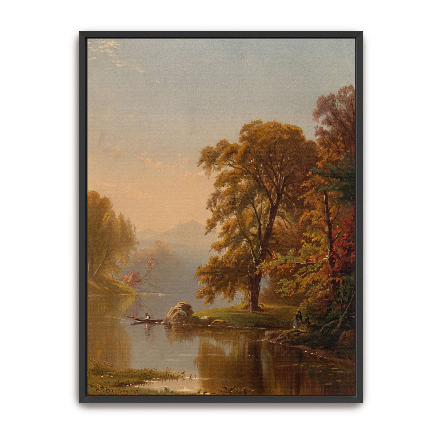 Autumn lake scene with boat and figures by Alfred Thompson Bricher