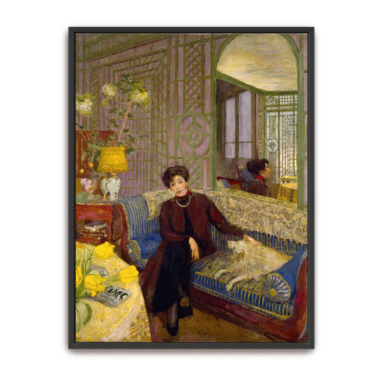 Woman with dog on a blue couch by Édouard Vuillard