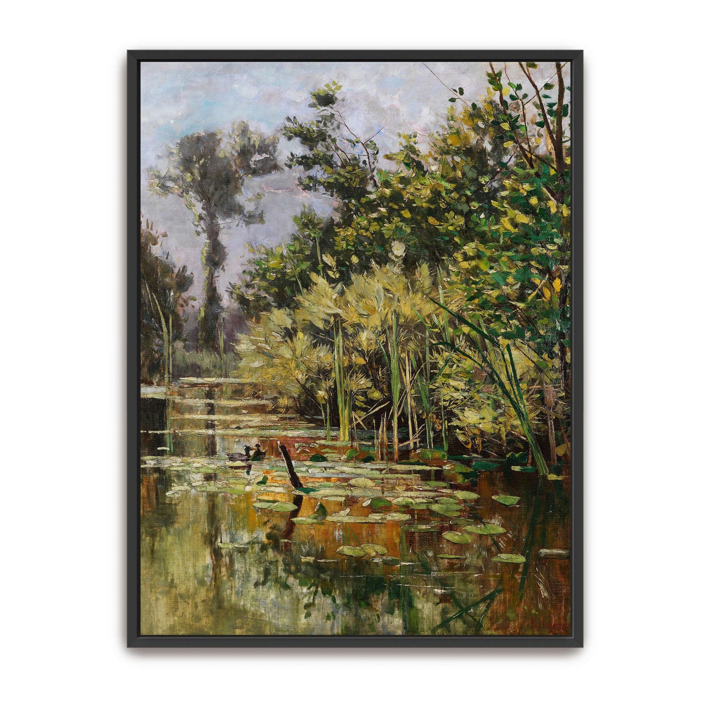 A pond with ducks in a forest by Karl Hagemeister
