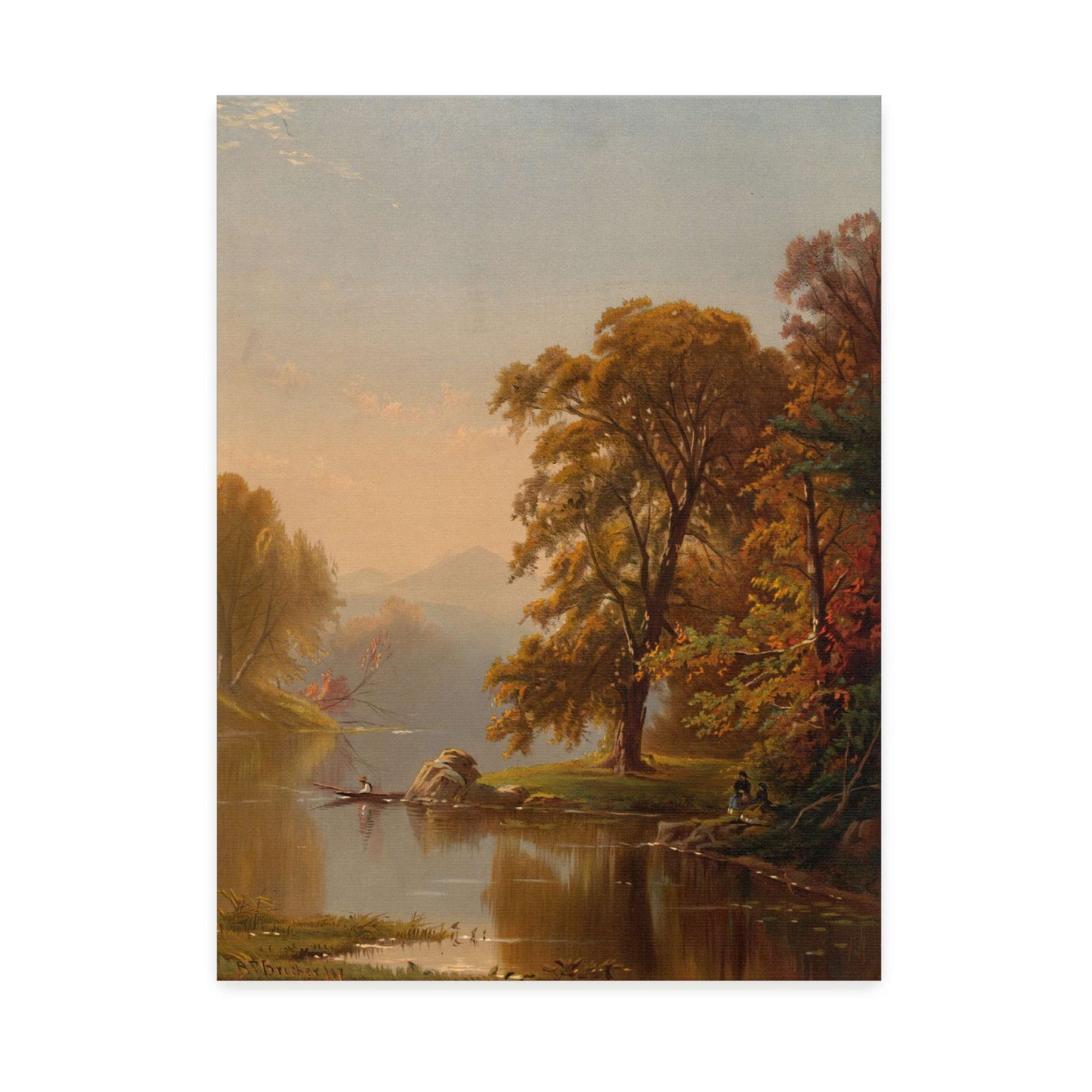 Autumn lake scene with boat and figures by Alfred Thompson Bricher