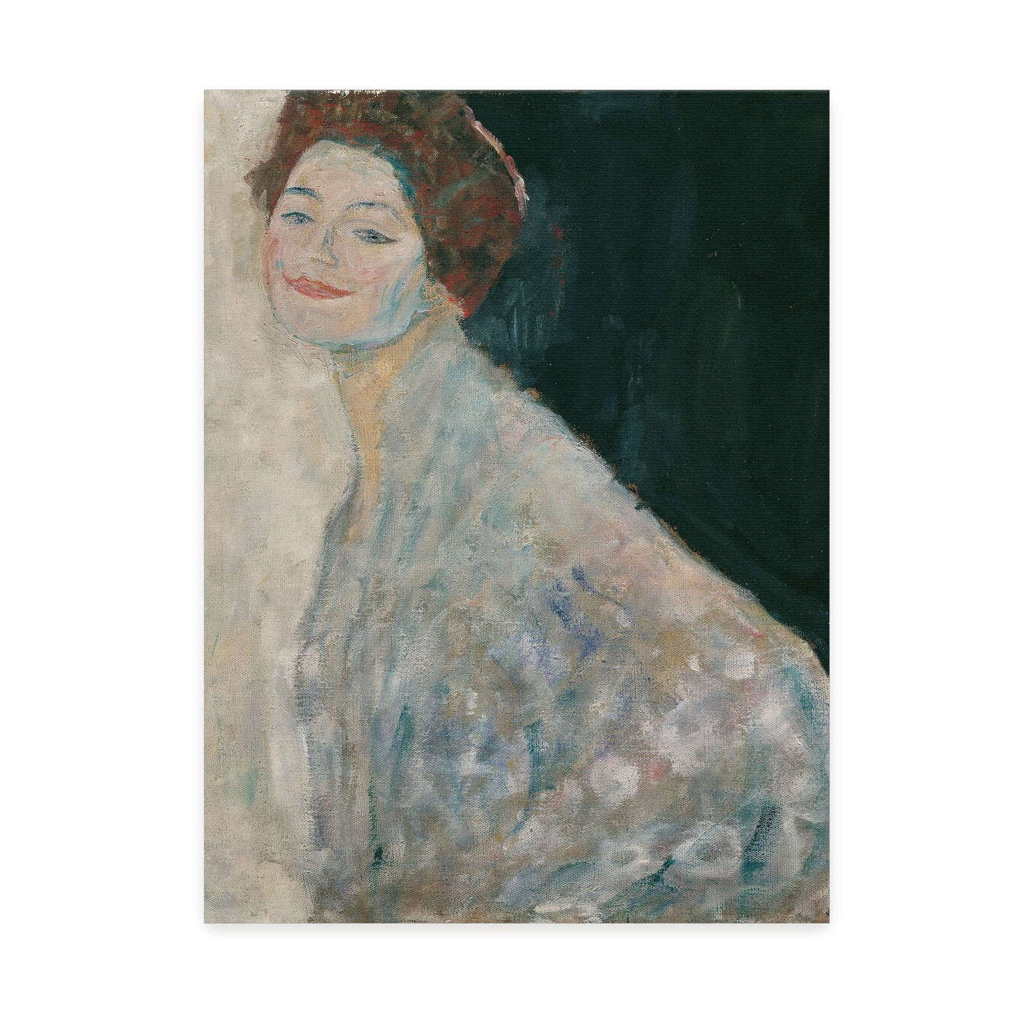 A woman in a white dress with a dark background by Gustav Klimt