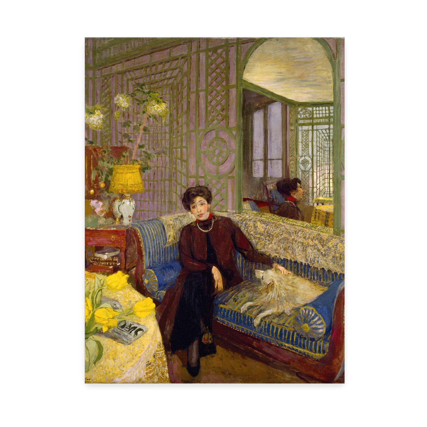 Woman with dog on a blue couch by Édouard Vuillard