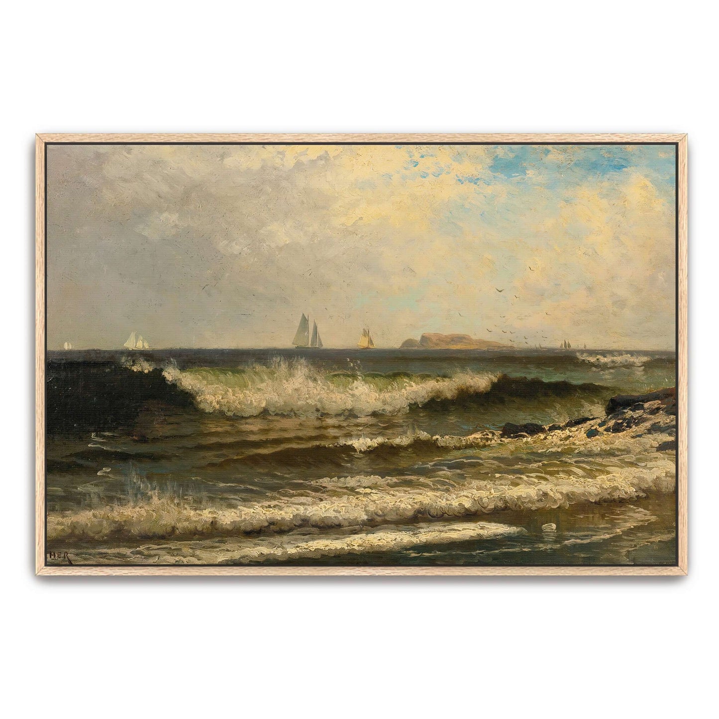 Sailboats on a choppy sea with a rocky shore by Alfred Thompson Bricher