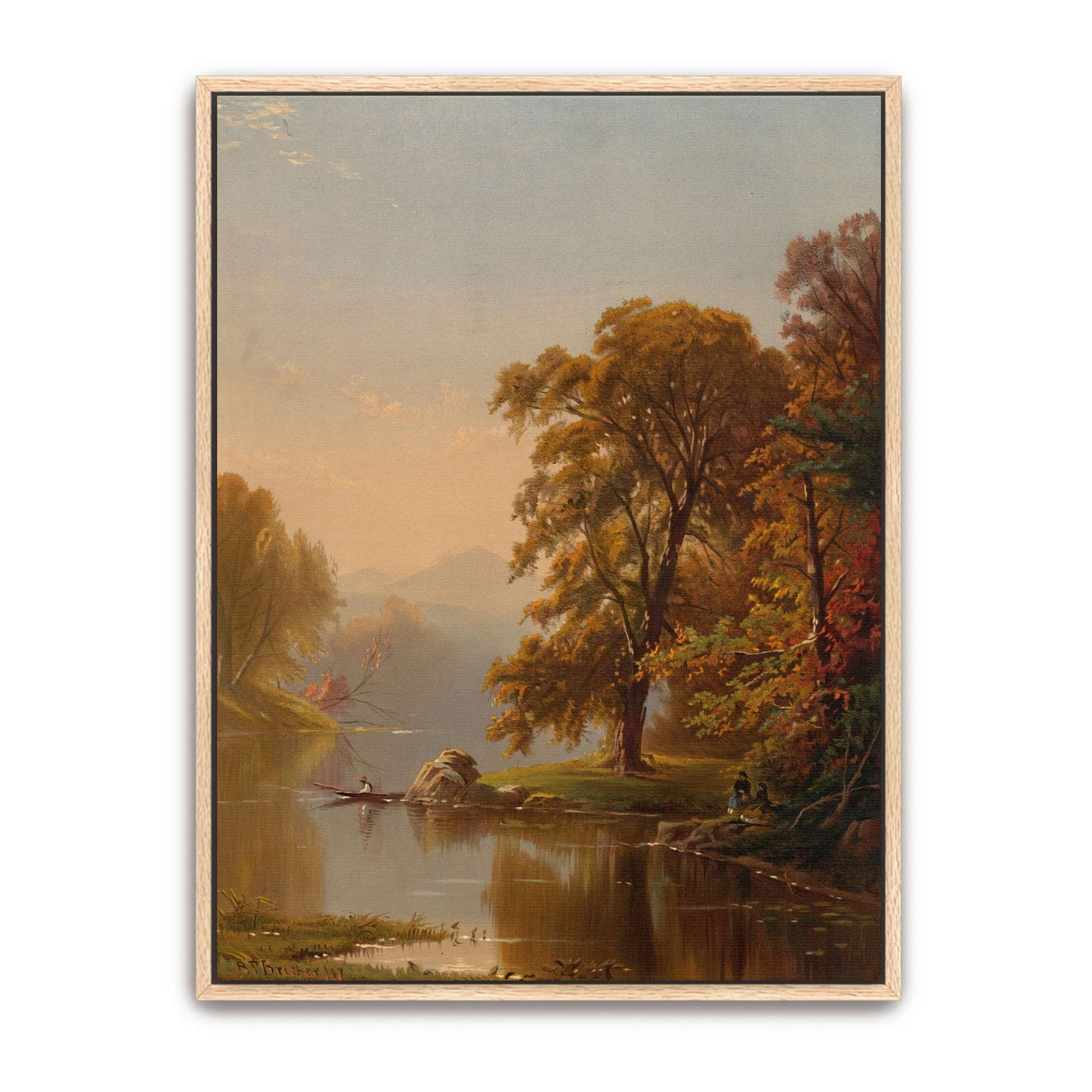 Autumn lake scene with boat and figures by Alfred Thompson Bricher