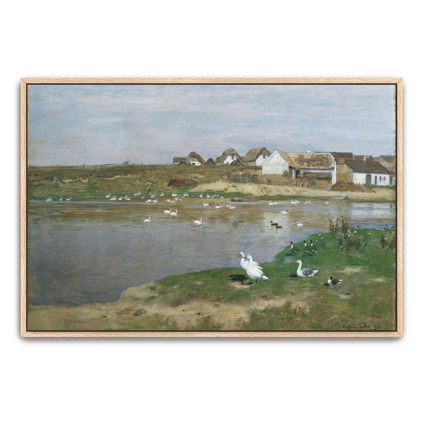 Village with geese on a lake by Eugen Jettel