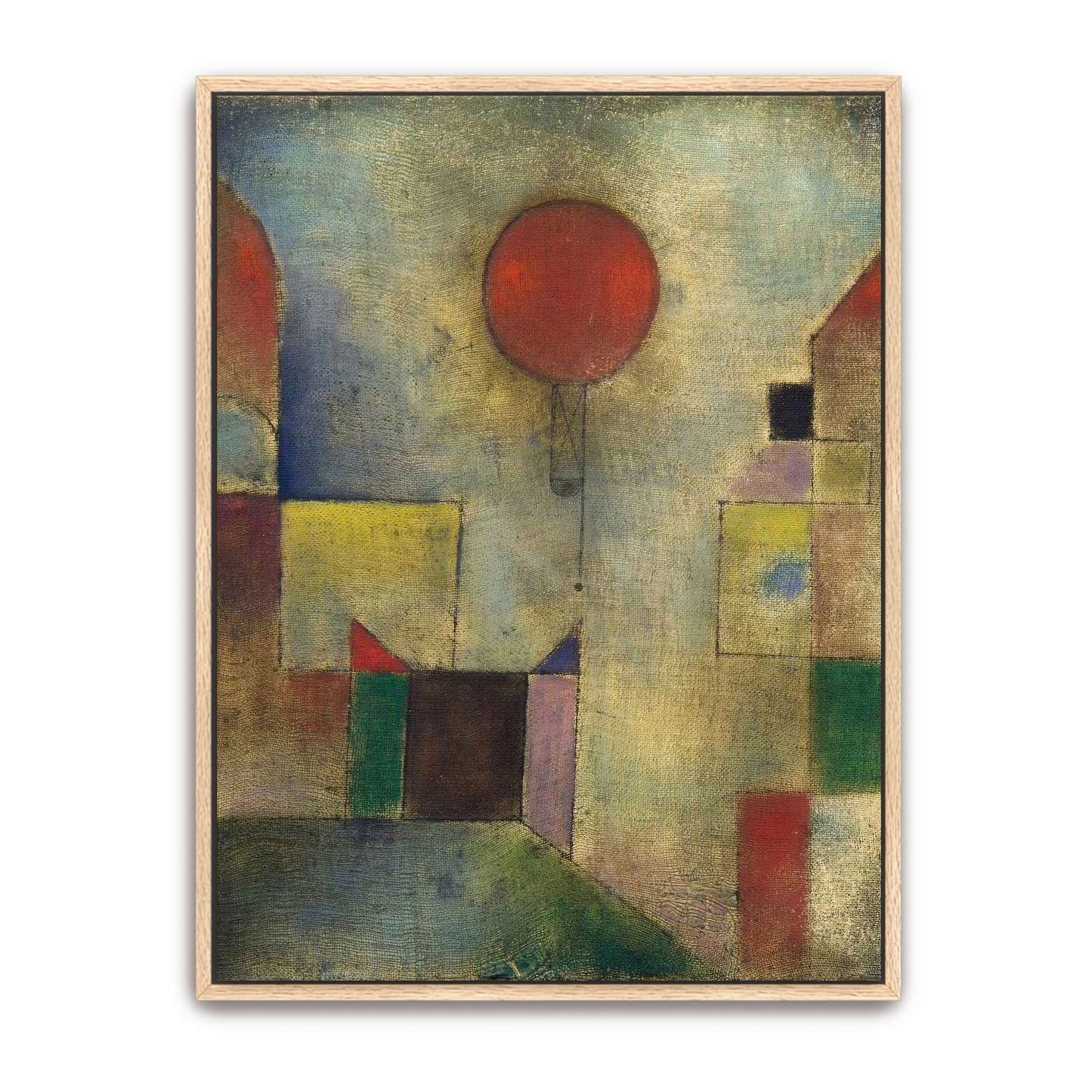 Red balloon floating above geometric shapes by Paul Klee