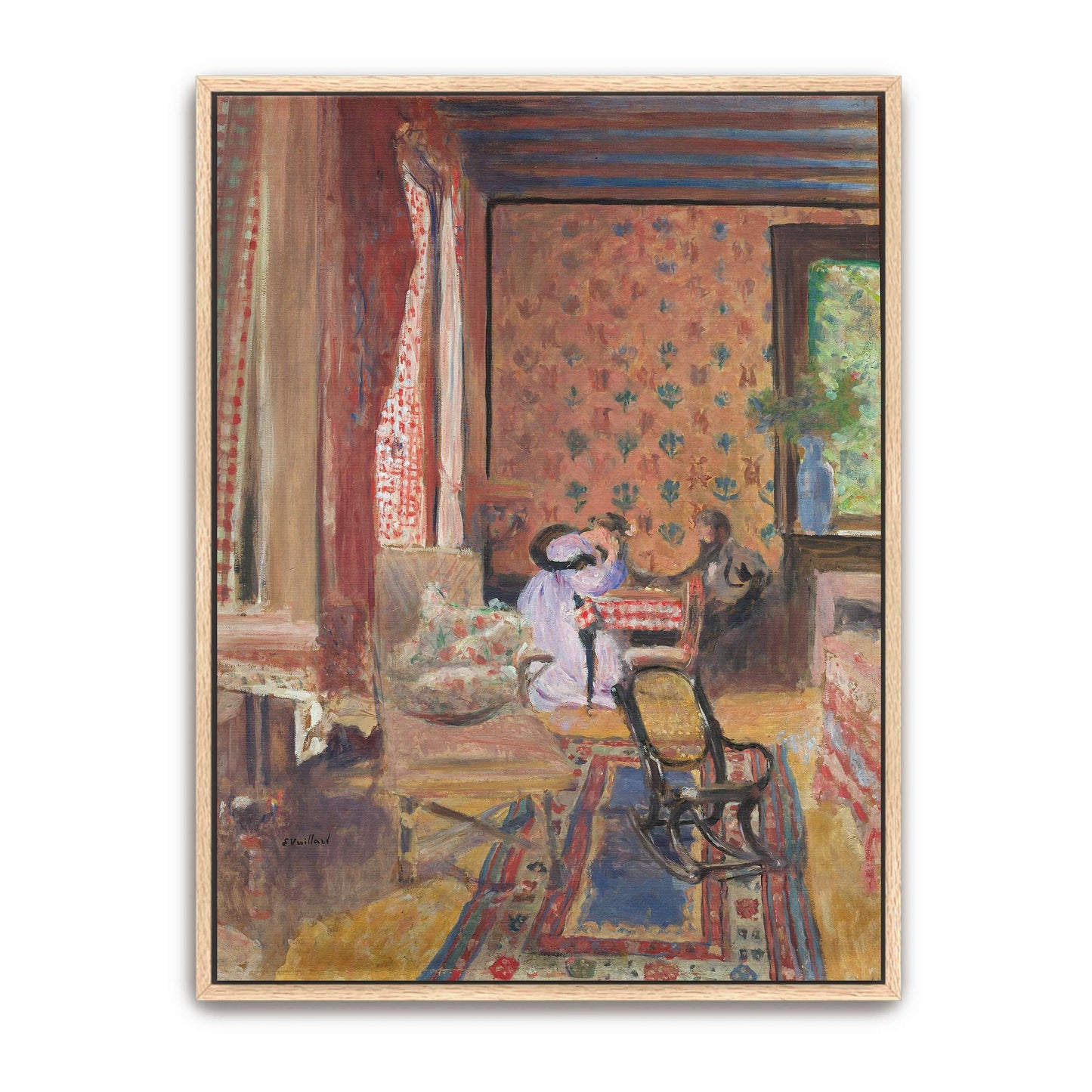 Two women in a room with a red checkered curtain by Édouard Vuillard