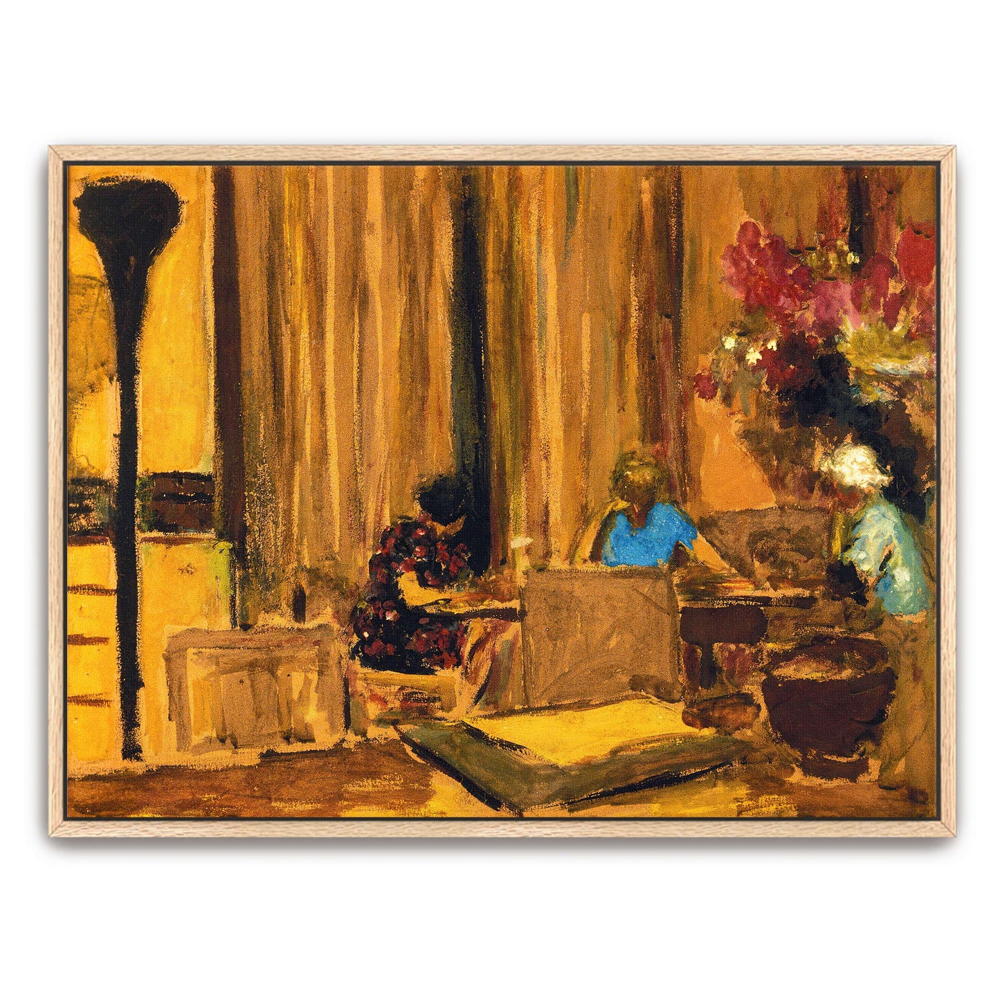 Interior scene with figures, furniture, and flowers by Édouard Vuillard