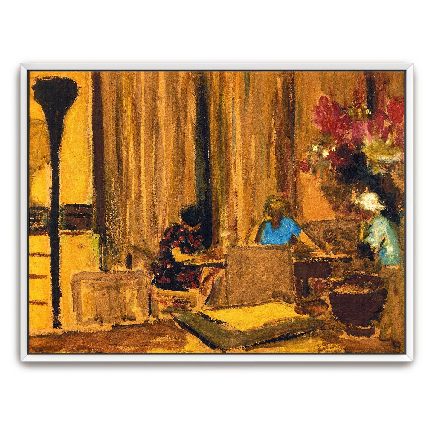 Interior scene with figures, furniture, and flowers by Édouard Vuillard
