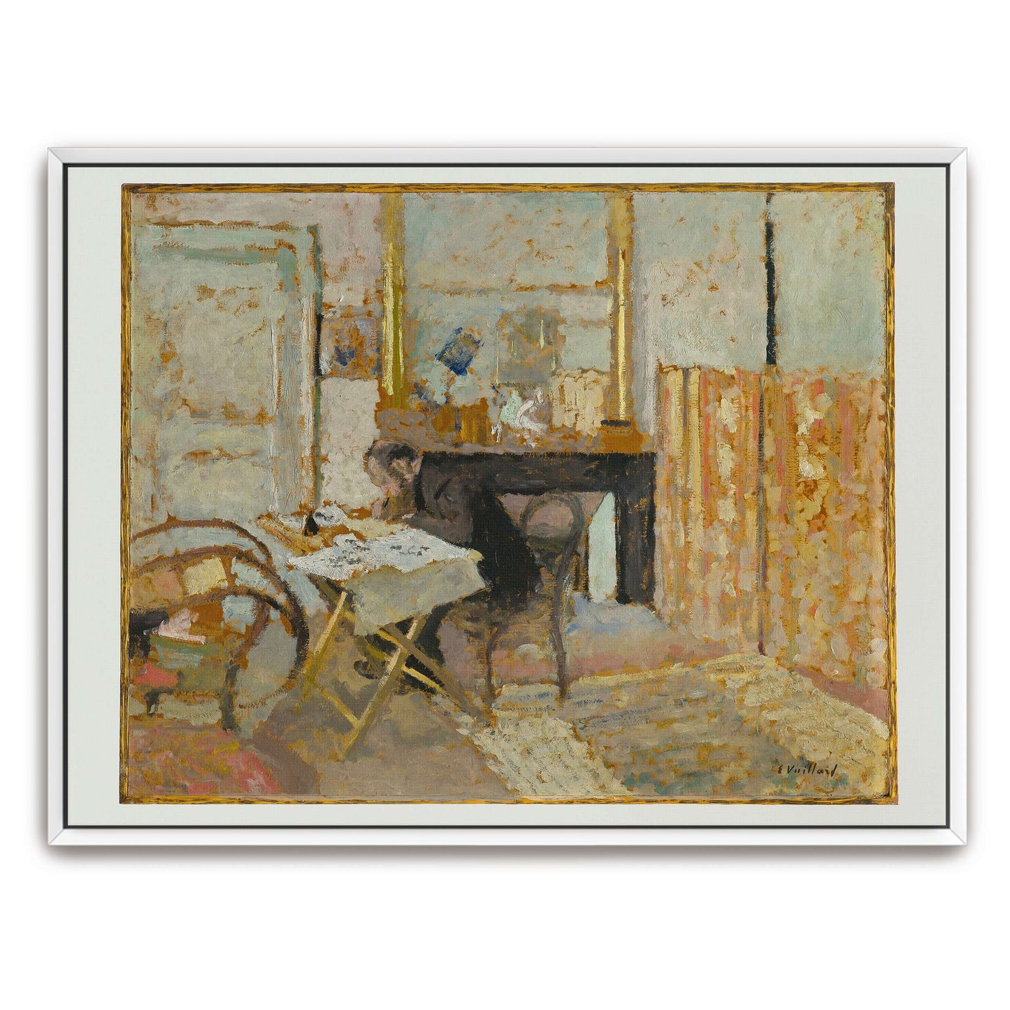A woman sits at a table in a room by Édouard Vuillard