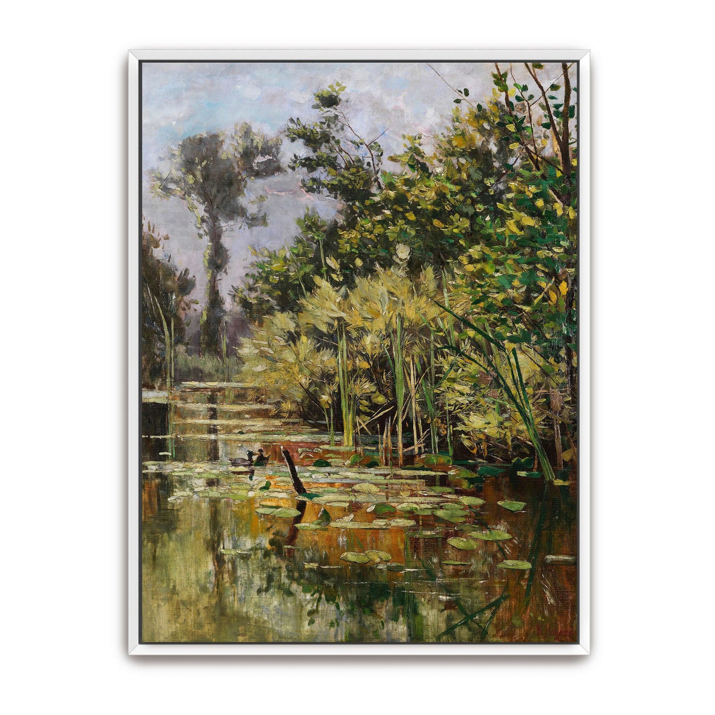 A pond with ducks in a forest by Karl Hagemeister