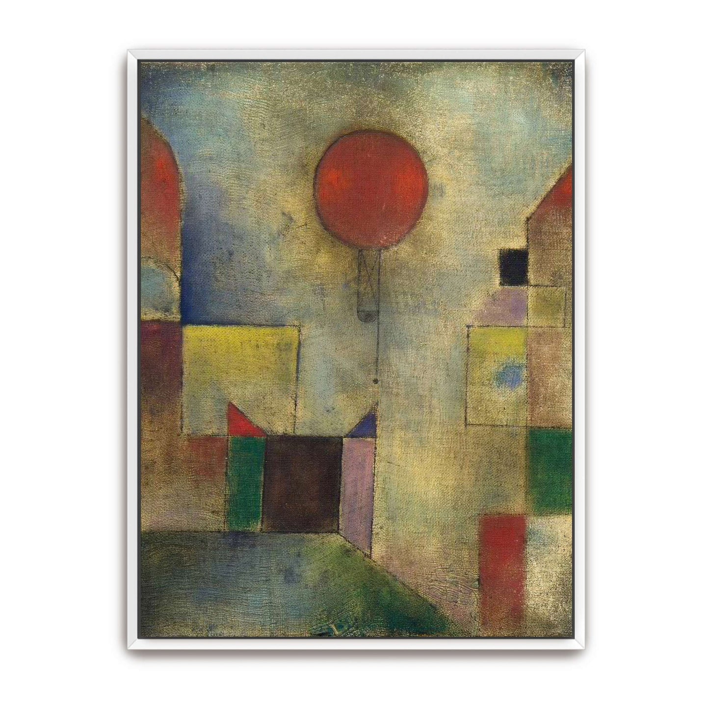 Red balloon floating above geometric shapes by Paul Klee