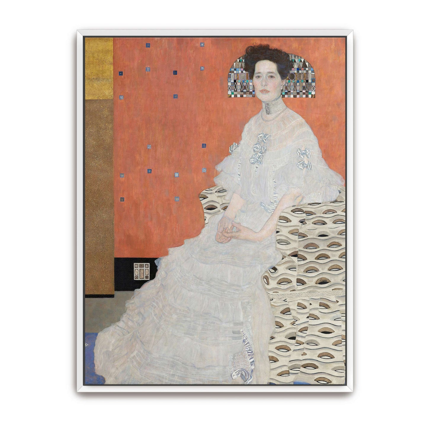 Woman in white dress seated on patterned chair by Gustav Klimt