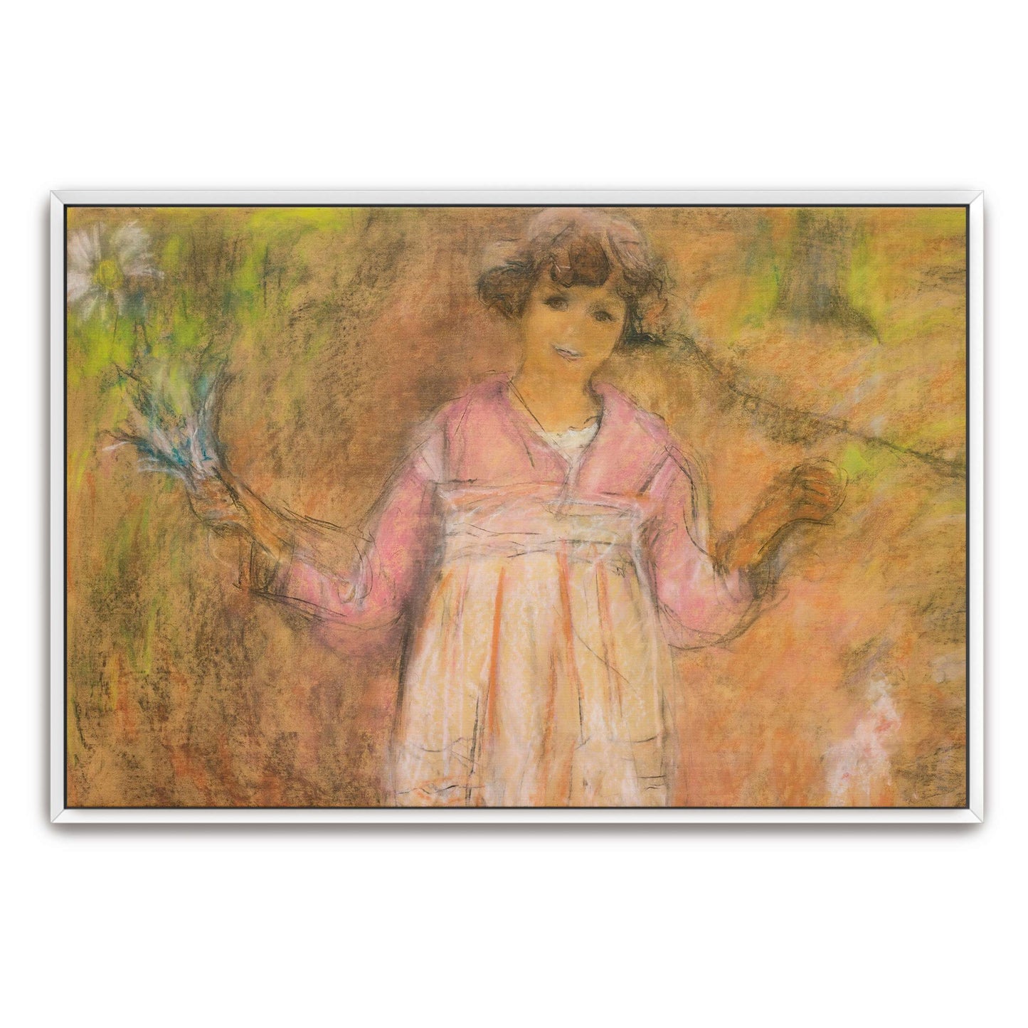 Young girl in pink dress holding flowers by Édouard Vuillard
